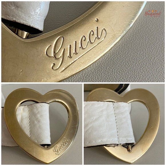 Authentic Gucci Cream Leather Gold Heart Shaped Engraved Script Logo Belt 90/36 - Picture 2 of 13